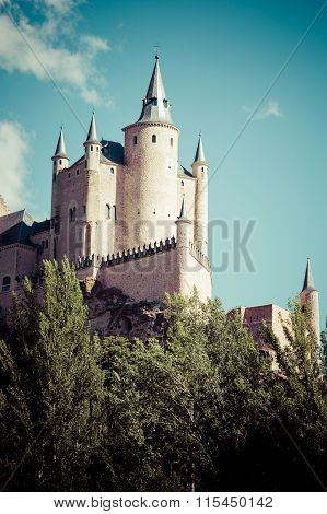 Segovia, Spain. The Famous Alcazar Of Segovia, Rising Out On A Rocky Crag, Built In 1120. Castilla Y