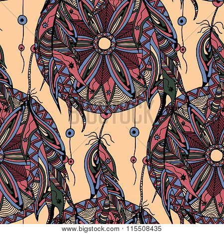 color seamless pattern dream catcher with feathers