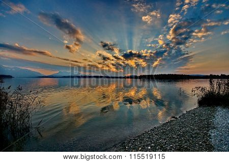 Sunset at lake Chiemsee in Germany, Europe