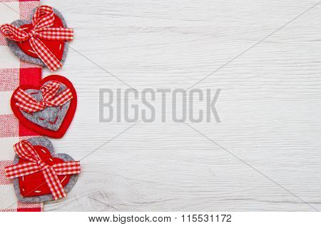 Valentines Day Toy Heart And Ribbon Over Wooden