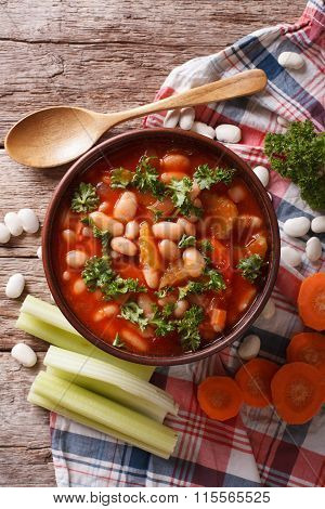 Bean Soup With Ingredients Close Up. Vertical Top View