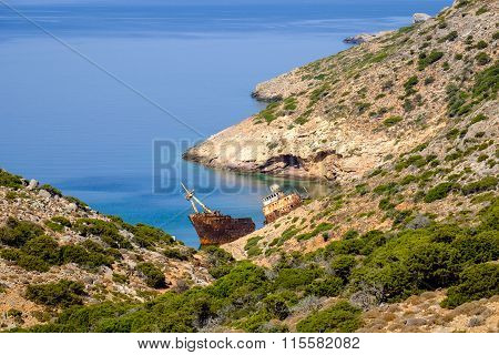 Scenic View Of Abandoned Rusty Shipwreck, Amorgos Island