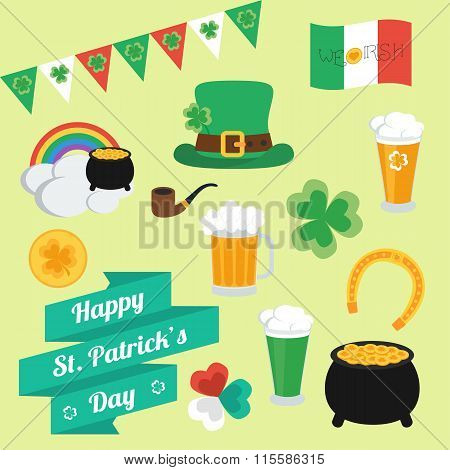Flat Elements On St. Patricks Day. Set. Banner. Vector