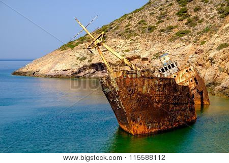 Scenic View Of Abandoned Rusty Shipwreck, Amorgos Island