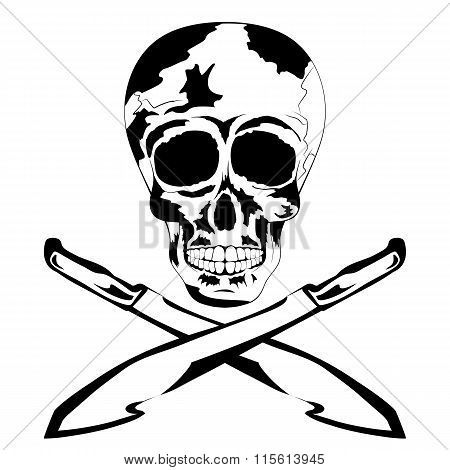 Black And White Human Skull With Machete. Tattoo Skull