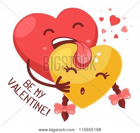 Vector Illustration Of Red Boy Heart Is Licking Yellow Girl Heart On White  Background. Art Design F