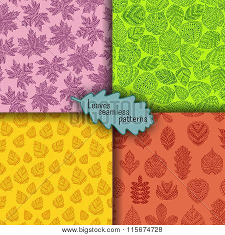 Set of seamless patterns with different tree leaves such as oak and maple, chestnut and birch, aspen