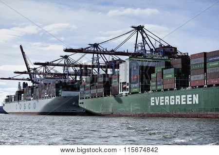 Container Ship At The Port Of Hamburg (hamburger Hafen),germany.