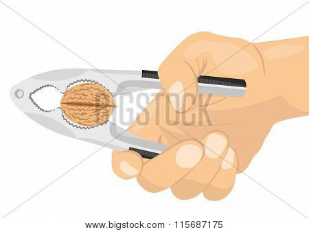 hand using a nutcracker to crack a nut