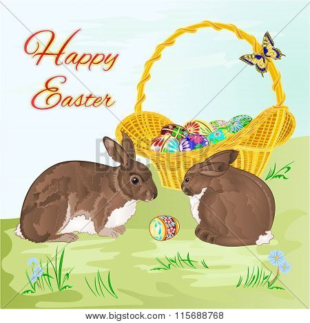 Happy Easter  Rabbits  And Easter Basket Vector