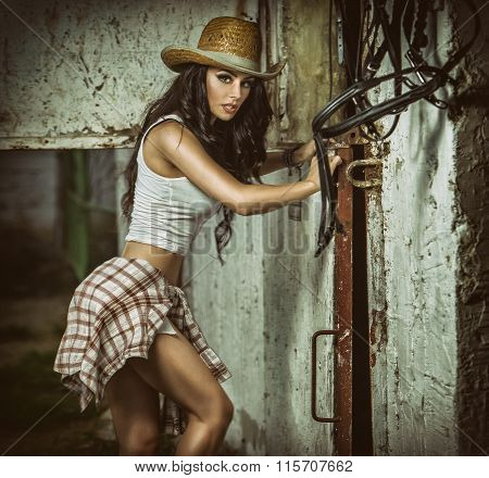 Beautiful brunette girl with country look, indoors shot in stable, rustic style. Attractive woman