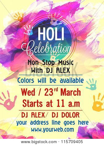 Abstract paint stroke decorated, Creative Pamphlet, Banner or Flyer design with date and time details for Holi celebration.