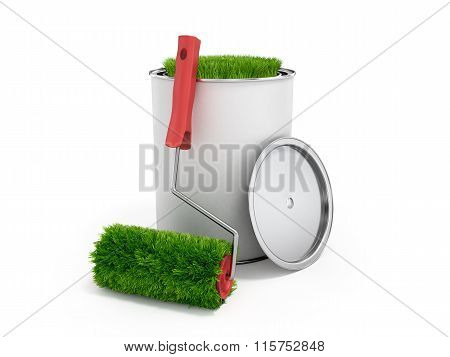 Concept Of Eco-friendly Paint; Grass Growing From A Paint Roller And Paint Can