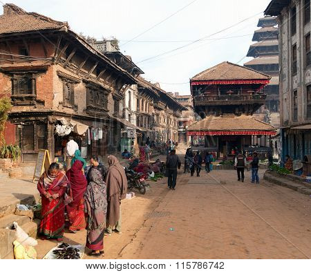 Temples Of Durbar Square With People In Bhaktapur
