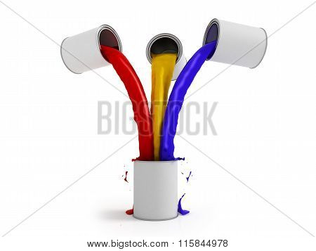 Concept Of Mixing Proportions Of Paints, Cans Of Red Blue And Yellow Paint Slivayutsya One Empty Can