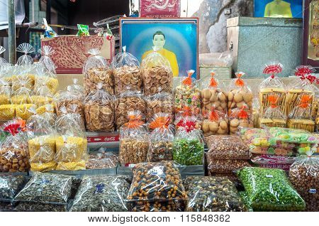 Dried goods on sale at a stall at Sampeng Lane market, Bangkok, Thailand