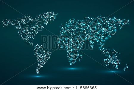 World Map. Circuit board. Technology background