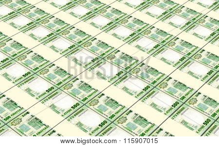 Rwandan francs bills stacked background. Computer generated 3D photo rendering.