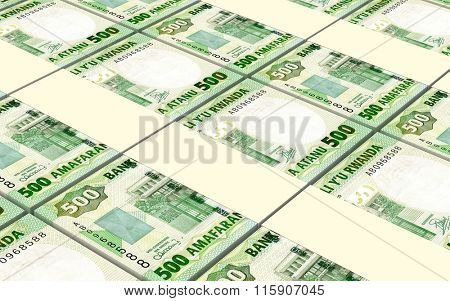 Rwandan francs bills stacked background. Computer generated 3D photo rendering.