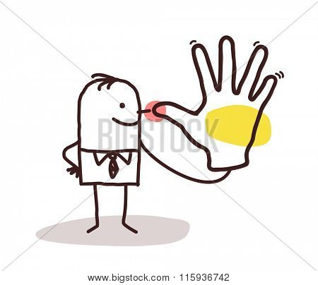 cartoon man making a snub hand sign