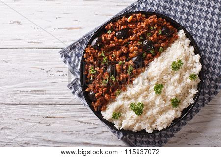 Picadillo A La Habanera With Rice On The Table. Horizontal Top View