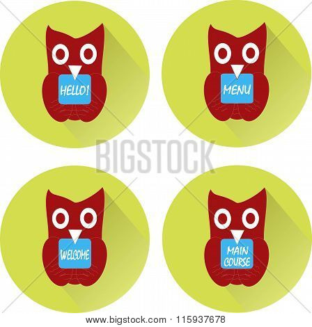 Burgundy owl, holding in  black  beak blue board with white inscription Hi, Menu, Main course, Welco