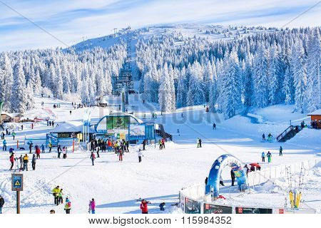 Panorama of ski resort Kopaonik, Serbia, people, lift, mountains