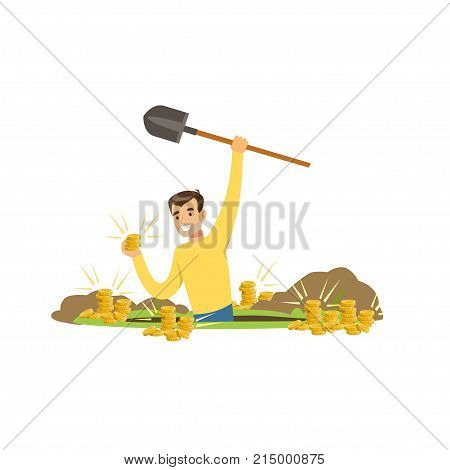 Cheerful treasure hunter found gold coins in the ground. Treasure seeker standing in a pit with shovel in hand. Cartoon man character who wanted to get rich. Vector illustration isolated on white.