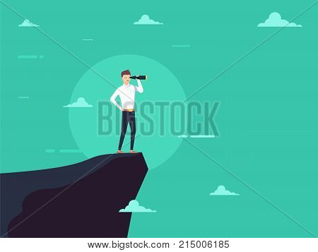 Vision concept in business with vector icon of businessman and telescope monocular. Symbol leadership strategy mission and objectives. Eps10 vector illustration.