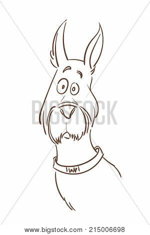 Vector hand drawn illustration of a puzzled dog in a collar. Isolated on the white background.