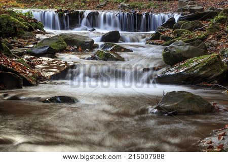 Beautiful Streams And Small Waterfalls Near The Big Carpathian Waterfall Shypit. In The Autumn.
