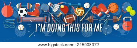 Set of sport balls and gaming items at a blue background. Healthy lifestyle tools, elements. Vector Illustration