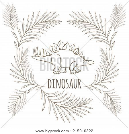 Dinosaur with sharp thorns on back and palm branches around isolated cartoon vector illustration on white background. Stegosaurus monochrome outline sketch.