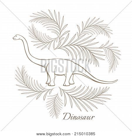 Huge herbivorous dinosaur surrounded with palm branches monochrome outline sketch. Barosaurus with long neck and tail isolated cartoon vector illustration.