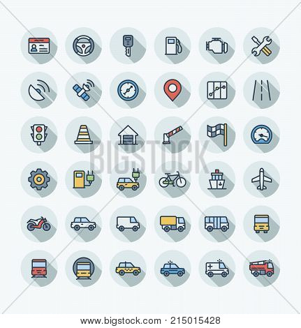 Vector thin line icons set and graphic design. Illustration with transport, navigation outline symbols. Driver license, wheel, gas station, road service, GPS, traffic light flat color pictogram
