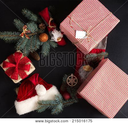 Holiday Concept. Merry Christmas and Happy New Year. Christmas Decorations on a blackboard.