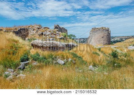 The ruins of ancient fortress Calamita in Inkerman, Crimea.