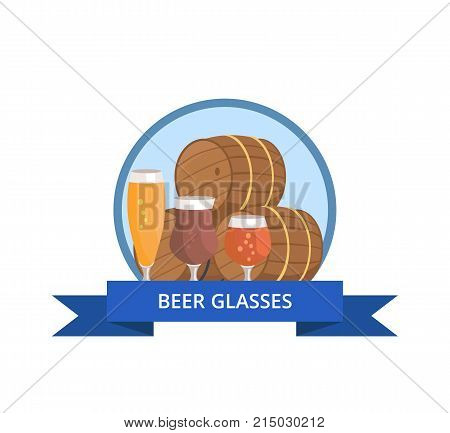 Beer glass logo design barrels and three glasses of alcohol drinks different types for degustation at october festival isolated in circle with ribbon