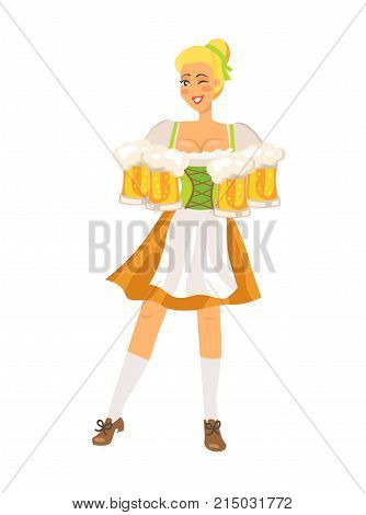 Smiling german waitress wearing traditional costume holding glasses of beer at beerfestival held in germany each year depicted on vector illustration.