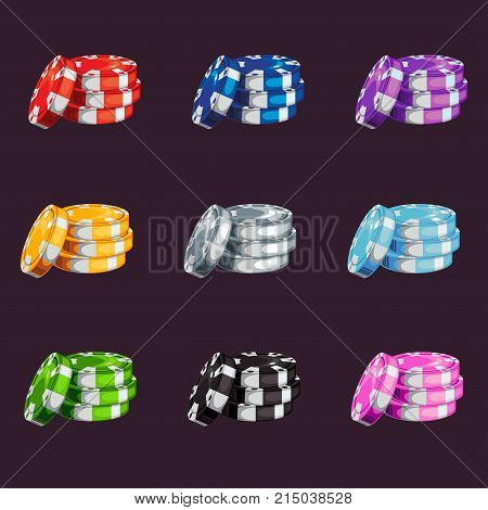 A set of colored casino chips stock vector illustration isolated on dark background