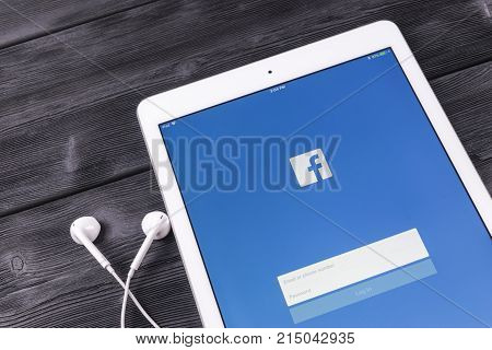 Sankt-Petersburg Russia November 23 2017: Apple iPad Pro with Facebook homepage on monitor screen. Facebook one of the biggest social network website. Homepage of Facebook.com on tablet computer.