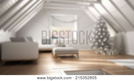 Blur Background Interior Design, Loft Living Room With Christmas Tree And Presents, White Scandinavi