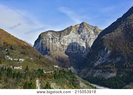 The autumn landscape around the small hill village of Erto in Friuli Venezia Giulia north east Italy.