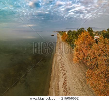 Aerial view of a beach by the Lake ?znik in Turkey during fall