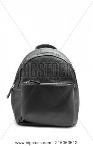 a black leatherette backpack on a white background