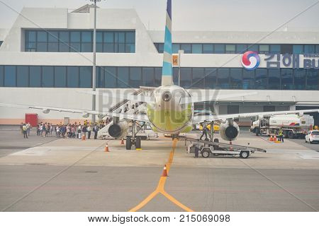 BUSAN, SOUTH KOREA - CIRCA MAY, 2017: aircraft stand on the tarmac at Gimhae International Airport.