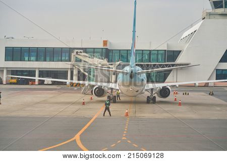 BUSAN, SOUTH KOREA - CIRCA MAY, 2017: aircraft stand on the tarmac at Gimhae International Airport.
