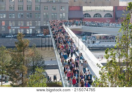 RUSSIA, MOSCOW - SEPTEMBER 16, 2017: New bridge over Moskva river Poryachiy bridge at Zaryadye Park in Moscow