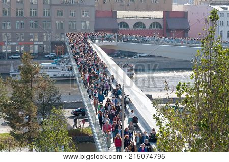 RUSSIA, MOSCOW - SEPTEMBER 16, 2017: New bridge over Moskva river Poryachiy bridge at Zaryadye Park in Moscow