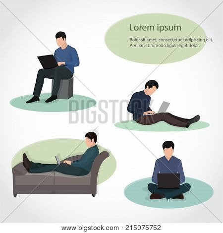 Young people working on laptops in different poses